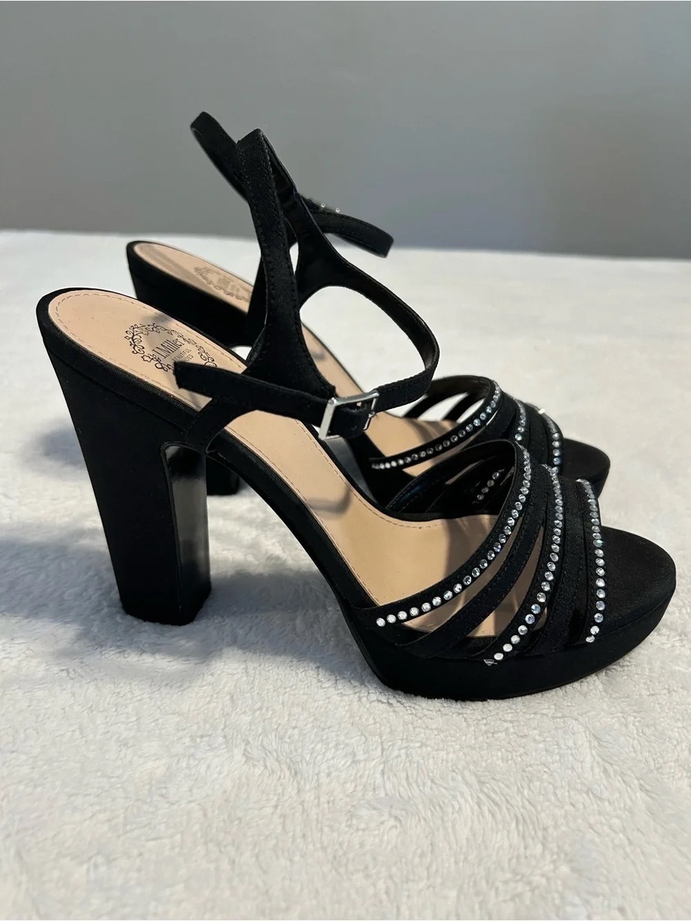 Elegant Black Strappy High Heel Sandals with Rhinestones